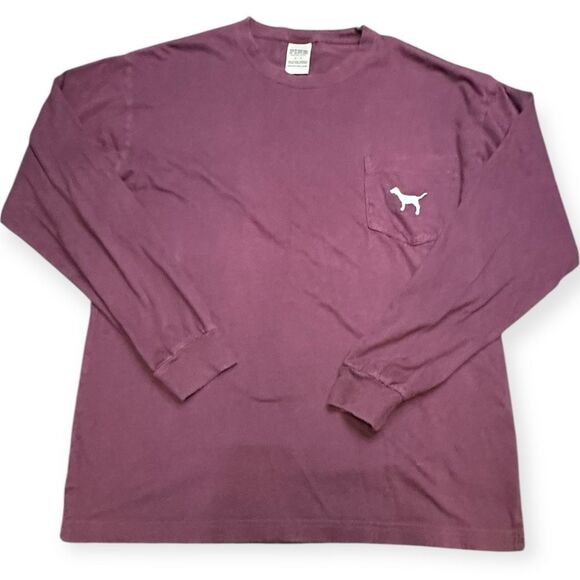 PINK VICTORIA’S SECRET Women’s Maroon Long Sleeve Pocket Tee Dog Logo Size Small - Picture 1 of 4